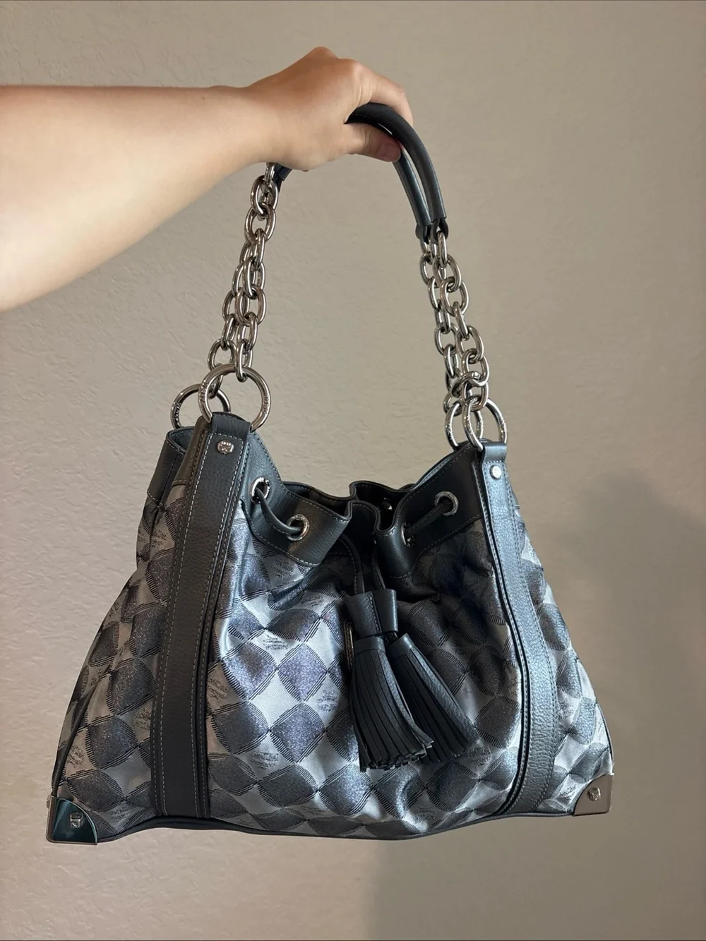 MCM Gray Drawstring Tote Bag with Chain Handle